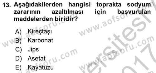 Toprak Bilgisi ve Bitki Besleme Dersi 2016 - 2017 Yılı (Vize) Ara Sınav Soruları 13. Soru
