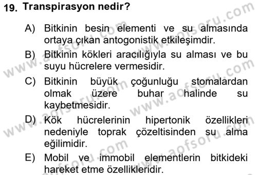 Toprak Bilgisi ve Bitki Besleme Dersi 2017 - 2018 Yılı 3 Ders Sınav Soruları 19. Soru