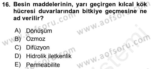 Toprak Bilgisi ve Bitki Besleme Dersi 2018 - 2019 Yılı (Vize) Ara Sınav Soruları 16. Soru