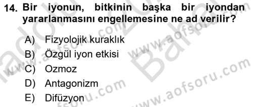 Toprak Bilgisi ve Bitki Besleme Dersi 2021 - 2022 Yılı (Vize) Ara Sınav Soruları 14. Soru