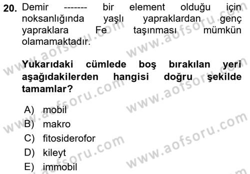 Toprak Bilgisi ve Bitki Besleme Dersi 2021 - 2022 Yılı Yaz Okulu Sınav Soruları 20. Soru