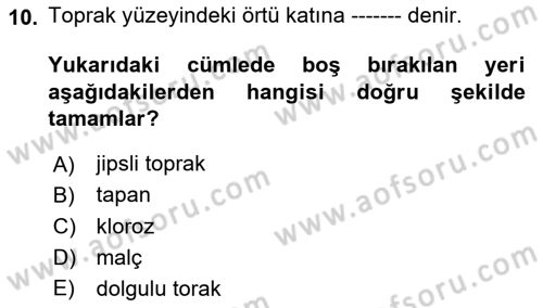 Toprak Bilgisi ve Bitki Besleme Dersi 2022 - 2023 Yılı Yaz Okulu Sınav Soruları 10. Soru