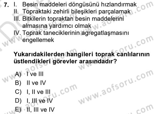 Toprak Bilgisi ve Bitki Besleme Dersi 2023 - 2024 Yılı (Final) Dönem Sonu Sınavı 7. Soru