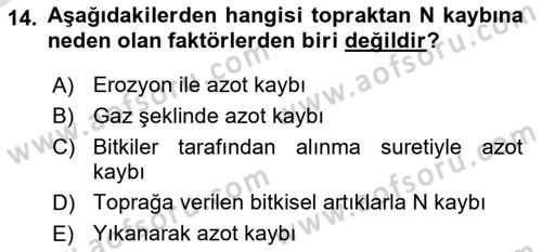 Toprak Bilgisi ve Bitki Besleme Dersi 2023 - 2024 Yılı Yaz Okulu Sınav Soruları 14. Soru