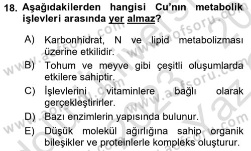 Toprak Bilgisi ve Bitki Besleme Dersi 2023 - 2024 Yılı Yaz Okulu Sınav Soruları 18. Soru