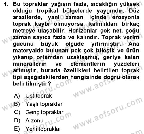 Toprak Bilgisi ve Bitki Besleme Dersi 2024 - 2025 Yılı (Vize) Ara Sınav Soruları 1. Soru