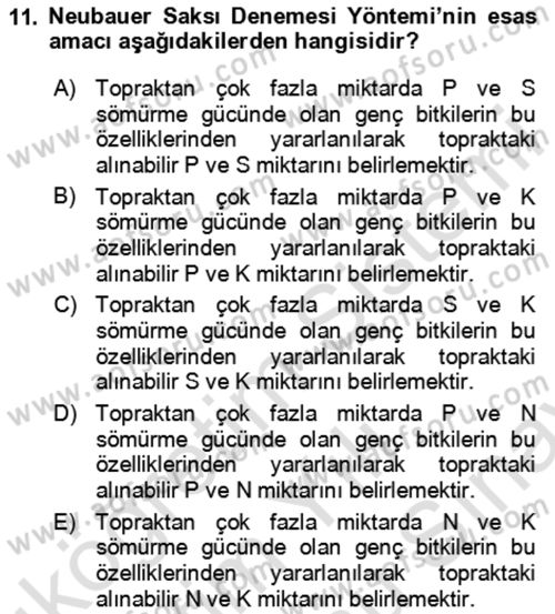 Toprak Bilgisi ve Bitki Besleme Dersi 2024 - 2025 Yılı (Final) Dönem Sonu Sınav Soruları 11. Soru