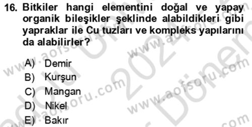 Toprak Bilgisi ve Bitki Besleme Dersi 2024 - 2025 Yılı (Final) Dönem Sonu Sınav Soruları 16. Soru