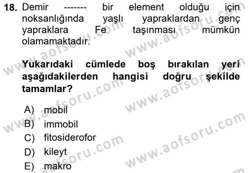 Toprak Bilgisi ve Bitki Besleme Dersi 2024 - 2025 Yılı Yaz Okulu Sınav Soruları 18. Soru