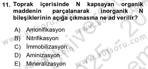Toprak Bilgisi ve Bitki Besleme Dersi 2025 - 2026 Yılı (Final) Dönem Sonu Sınav Soruları 11. Soru