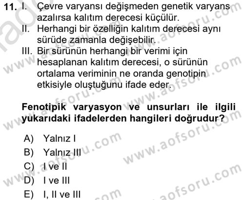 Hayvan Yetiştirme Dersi 2016 - 2017 Yılı (Vize) Ara Sınav Soruları 11. Soru