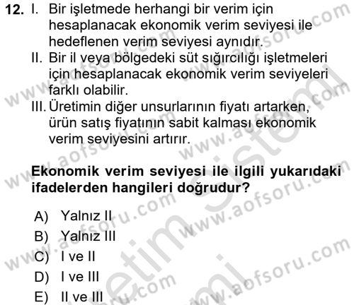 Hayvan Yetiştirme Dersi 2016 - 2017 Yılı (Vize) Ara Sınav Soruları 12. Soru