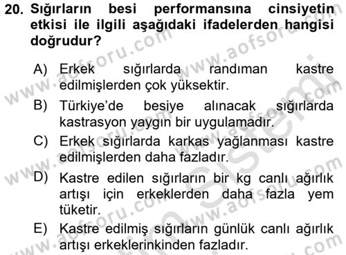 Hayvan Yetiştirme Dersi 2016 - 2017 Yılı (Vize) Ara Sınav Soruları 20. Soru