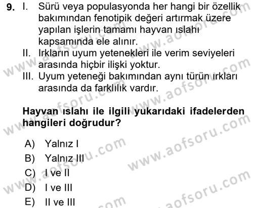 Hayvan Yetiştirme Dersi 2016 - 2017 Yılı (Vize) Ara Sınav Soruları 9. Soru
