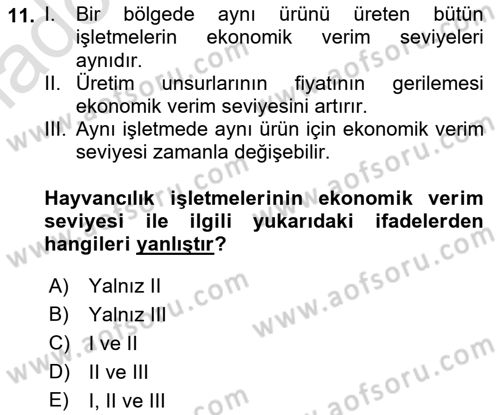 Hayvan Yetiştirme Dersi 2017 - 2018 Yılı (Vize) Ara Sınav Soruları 11. Soru