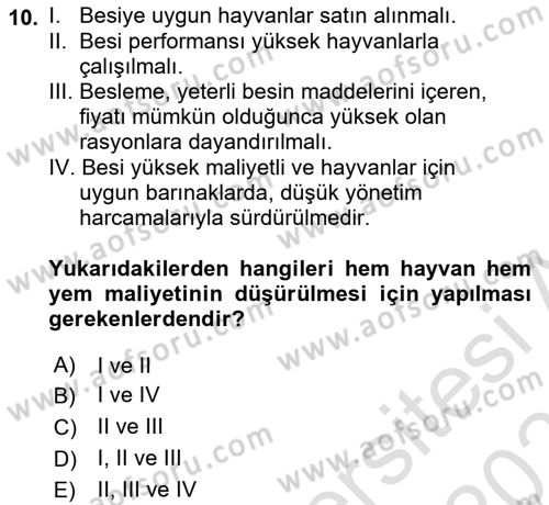 Hayvan Yetiştirme Dersi 2020 - 2021 Yılı Yaz Okulu Sınavı 10. Soru