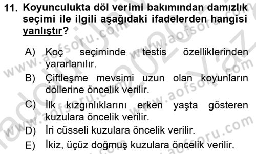 Hayvan Yetiştirme Dersi 2020 - 2021 Yılı Yaz Okulu Sınavı 11. Soru