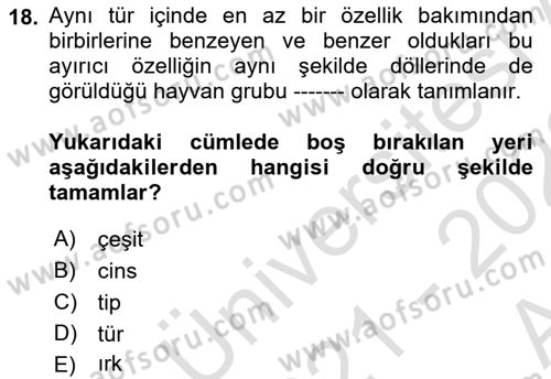 Hayvan Yetiştirme Dersi 2021 - 2022 Yılı (Vize) Ara Sınav Soruları 18. Soru