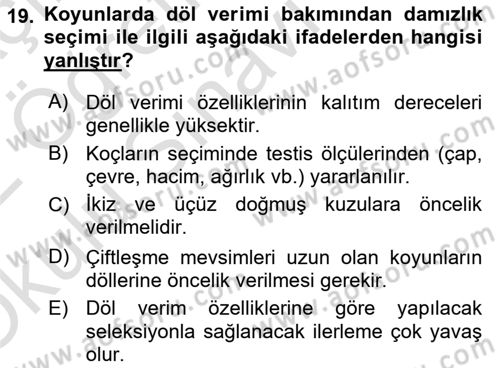 Hayvan Yetiştirme Dersi 2021 - 2022 Yılı Yaz Okulu Sınav Soruları 19. Soru