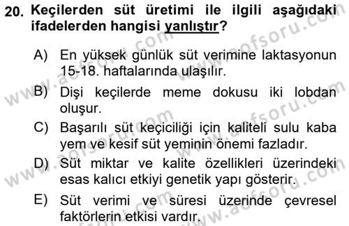 Hayvan Yetiştirme Dersi 2021 - 2022 Yılı Yaz Okulu Sınav Soruları 20. Soru