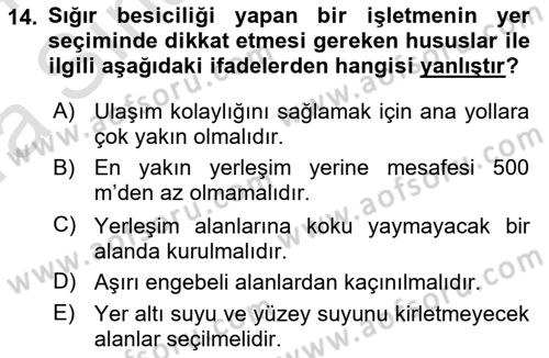 Hayvan Yetiştirme Dersi 2023 - 2024 Yılı (Vize) Ara Sınav Soruları 14. Soru