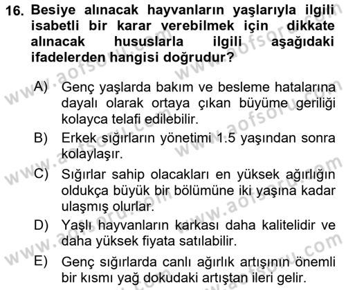 Hayvan Yetiştirme Dersi 2023 - 2024 Yılı (Vize) Ara Sınav Soruları 16. Soru