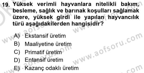 Hayvan Yetiştirme Dersi 2023 - 2024 Yılı Yaz Okulu Sınav Soruları 19. Soru