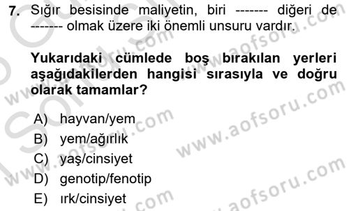 Hayvan Yetiştirme Dersi 2024 - 2025 Yılı (Final) Dönem Sonu Sınav Soruları 7. Soru