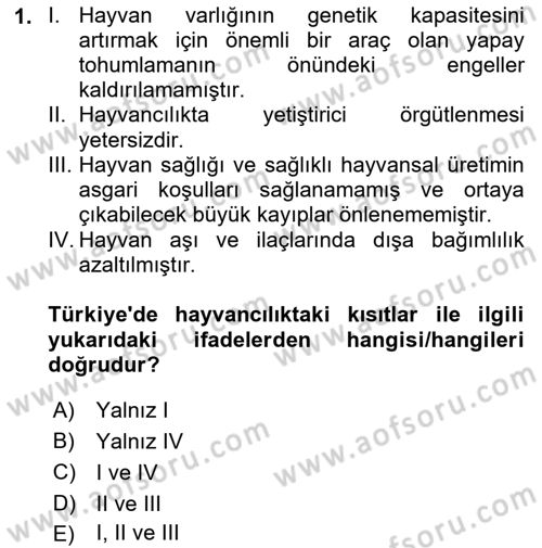 Hayvan Yetiştirme Dersi 2024 - 2025 Yılı Yaz Okulu Sınav Soruları 1. Soru