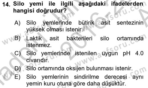 Hayvan Besleme Dersi 2016 - 2017 Yılı (Vize) Ara Sınav Soruları 14. Soru