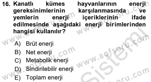 Hayvan Besleme Dersi 2016 - 2017 Yılı (Final) Dönem Sonu Sınav Soruları 16. Soru