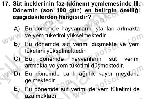 Hayvan Besleme Dersi 2016 - 2017 Yılı (Final) Dönem Sonu Sınav Soruları 17. Soru