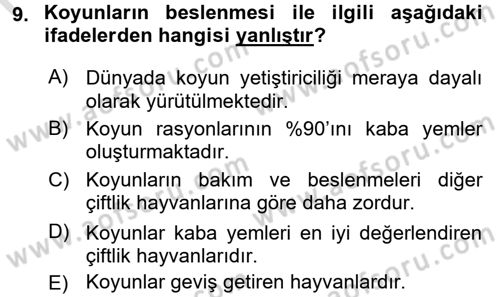 Hayvan Besleme Dersi 2016 - 2017 Yılı (Final) Dönem Sonu Sınav Soruları 9. Soru