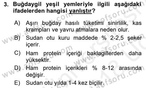 Hayvan Besleme Dersi 2017 - 2018 Yılı 3 Ders Sınav Soruları 3. Soru