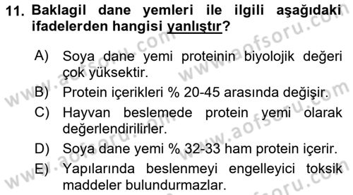Hayvan Besleme Dersi 2017 - 2018 Yılı (Vize) Ara Sınav Soruları 11. Soru