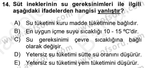 Hayvan Besleme Dersi 2017 - 2018 Yılı (Vize) Ara Sınav Soruları 14. Soru