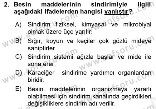 Hayvan Besleme Dersi 2017 - 2018 Yılı (Vize) Ara Sınav Soruları 2. Soru