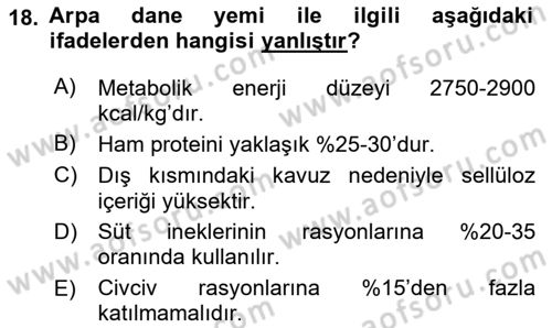Hayvan Besleme Dersi 2018 - 2019 Yılı (Vize) Ara Sınav Soruları 18. Soru