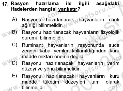 Hayvan Besleme Dersi 2020 - 2021 Yılı Yaz Okulu Sınav Soruları 17. Soru