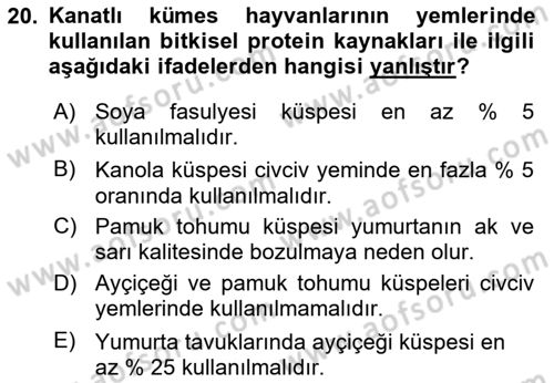 Hayvan Besleme Dersi 2020 - 2021 Yılı Yaz Okulu Sınav Soruları 20. Soru