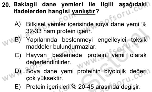 Hayvan Besleme Dersi 2021 - 2022 Yılı (Vize) Ara Sınavı 20. Soru