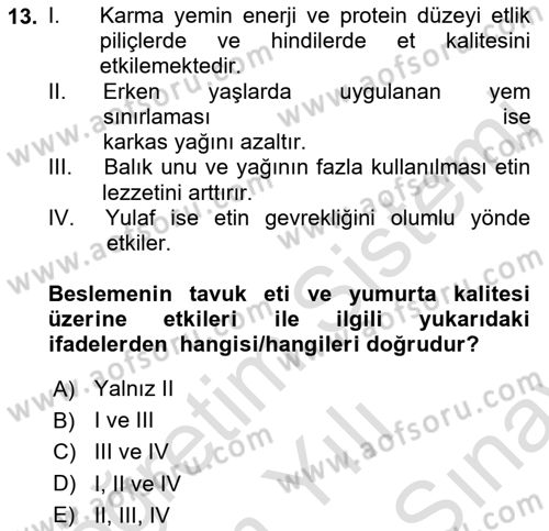 Hayvan Besleme Dersi 2021 - 2022 Yılı (Final) Dönem Sonu Sınav Soruları 13. Soru