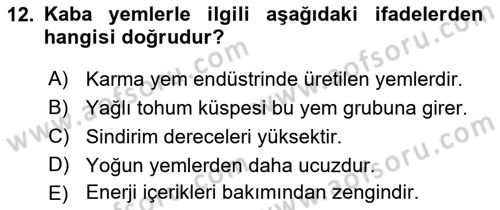Hayvan Besleme Dersi 2021 - 2022 Yılı Yaz Okulu Sınav Soruları 12. Soru