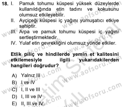 Hayvan Besleme Dersi 2021 - 2022 Yılı Yaz Okulu Sınav Soruları 18. Soru