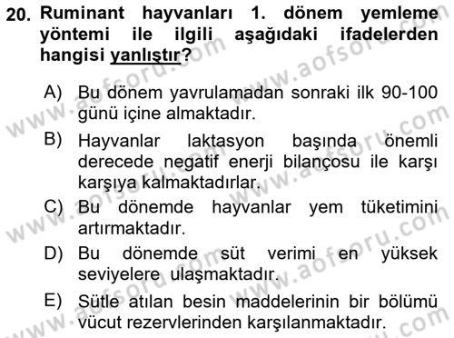Hayvan Besleme Dersi 2021 - 2022 Yılı Yaz Okulu Sınav Soruları 20. Soru
