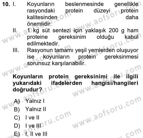 Hayvan Besleme Dersi 2023 - 2024 Yılı Yaz Okulu Sınav Soruları 10. Soru