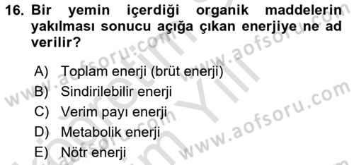 Hayvan Besleme Dersi 2023 - 2024 Yılı Yaz Okulu Sınav Soruları 16. Soru