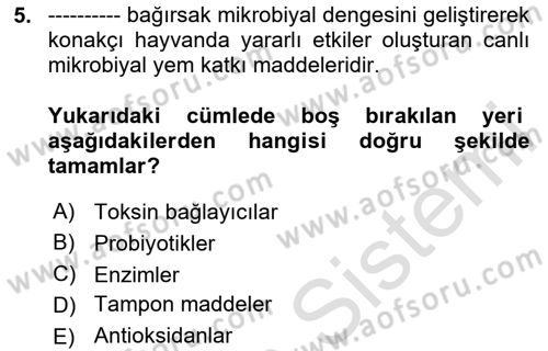 Hayvan Besleme Dersi 2023 - 2024 Yılı Yaz Okulu Sınav Soruları 5. Soru
