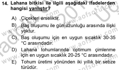 Bahçe Tarımı 2 Dersi 2016 - 2017 Yılı 3 Ders Sınavı 14. Soru