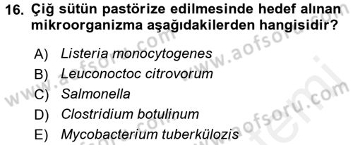 Gıda Bilimi ve Teknolojisi Dersi 2015 - 2016 Yılı Tek Ders Sınav Soruları 16. Soru